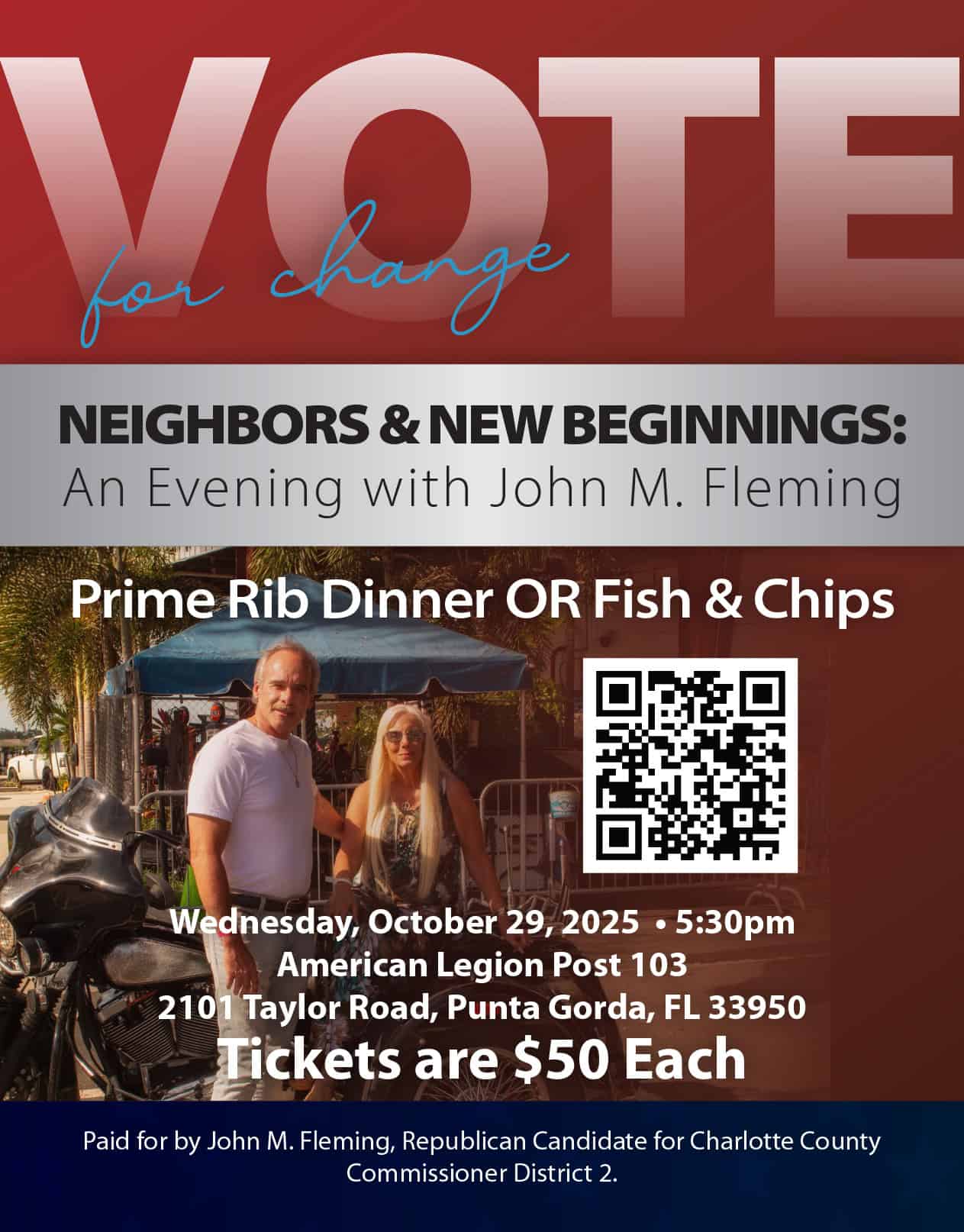 John Fleming - Promotional flyer for a dinner event with Home John M. Fleming, featuring a vote message, event details, ticket price, and a QR code. - Charlotte County Commissioner