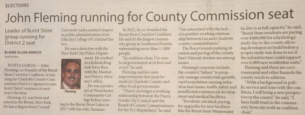 John Fleming - Newspaper article titled "John Fleming running for County Commission seat," featuring a photo of John Fleming and discussing his candidacy and background in community leadership. - Charlotte County Commissioner